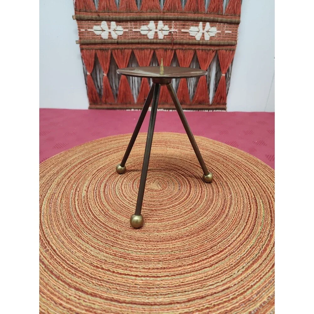 Vintage Pier 1 Solid Brass Tripod Pillar Candle Holder Minimalist MCM Sputnik